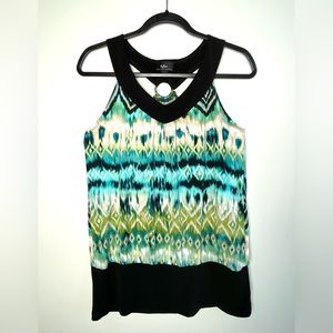 Byline Byer California Sleeveless Green/Teal Print Top Black Waistband Size XL